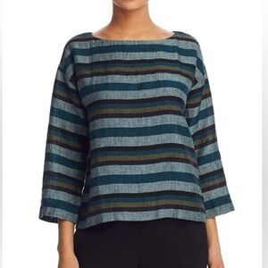 Women’s Eileen Fisher Teal Multi Stripe Organic Linen Bateau Neck Top Size M